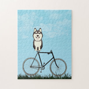 Puzzle Chien sibérien Husky assis sur une bicyclette Vin