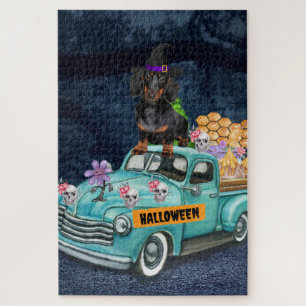 Puzzle Chien teckel Halloween camion nuit effrayante