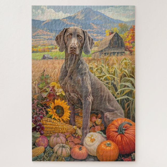 Puzzle Chien Weimaraner Récolte d'automne Action de grâce (Vertical)
