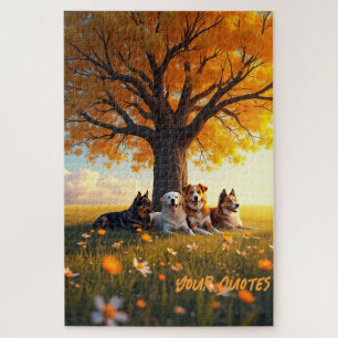 Puzzle Chiens d'automne se reposant sous un grand arbre