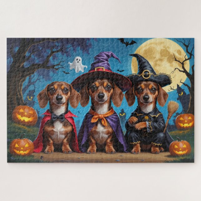 Puzzle Chiens de Dachshund Citrouille Halloween drôle (Horizontal)