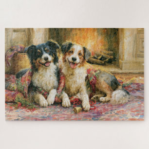 Puzzle Chiens de Noël Cheminée Rustique Peinture Nostalgi