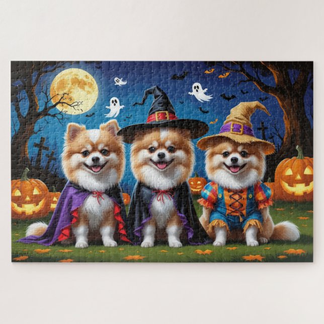 Puzzle Chiens de Poméranie Citrouille Halloween Funny (Horizontal)