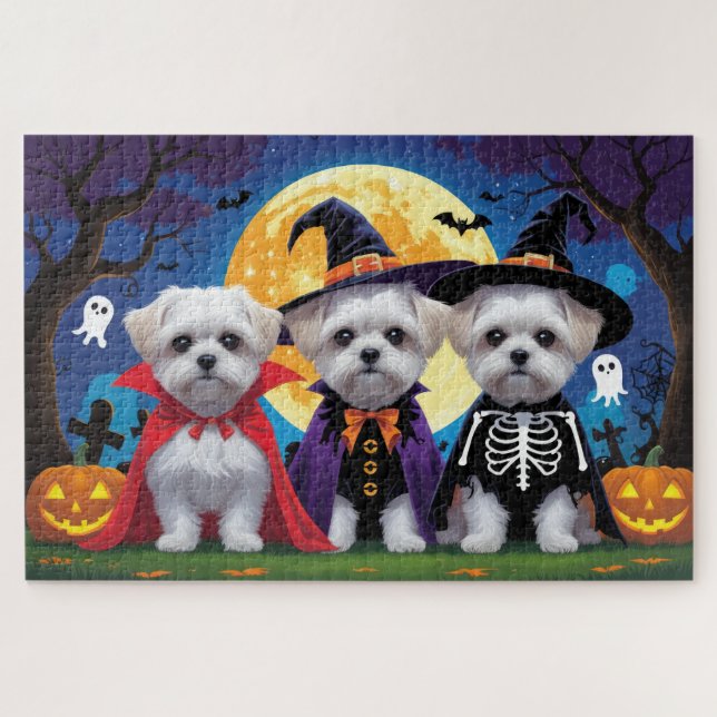 Puzzle Chiens maltais Citrouille Halloween drôle (Horizontal)