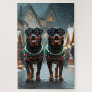 Puzzle Chiens Rottweiler Noël Neige Fêtes