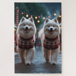 Puzzle Chiens Samoyède Noël Neige Fêtes