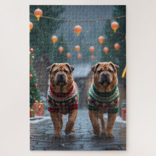 Puzzle Chiens Shar Pei Noël Neige Fêtes