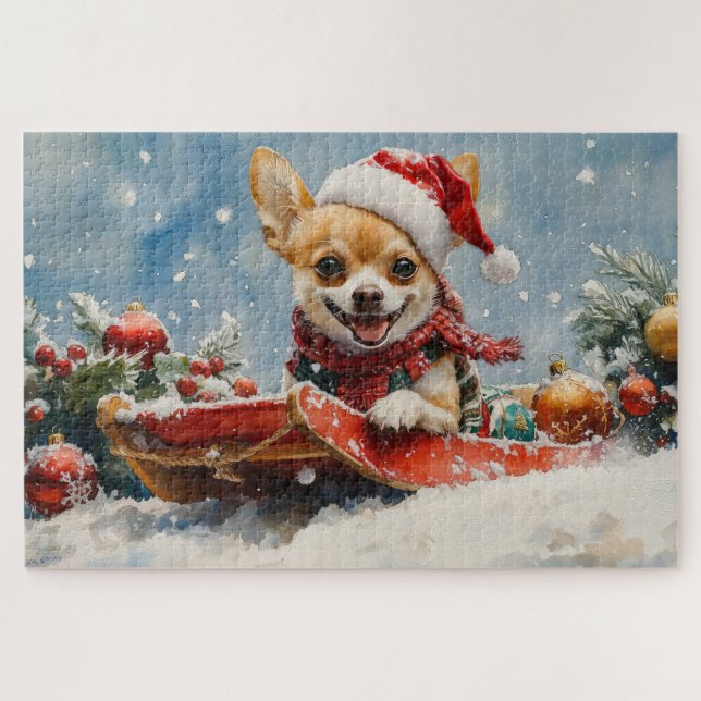 Puzzle Chihuahua Dog in Sledge Let it neiger Noël (Horizontal)