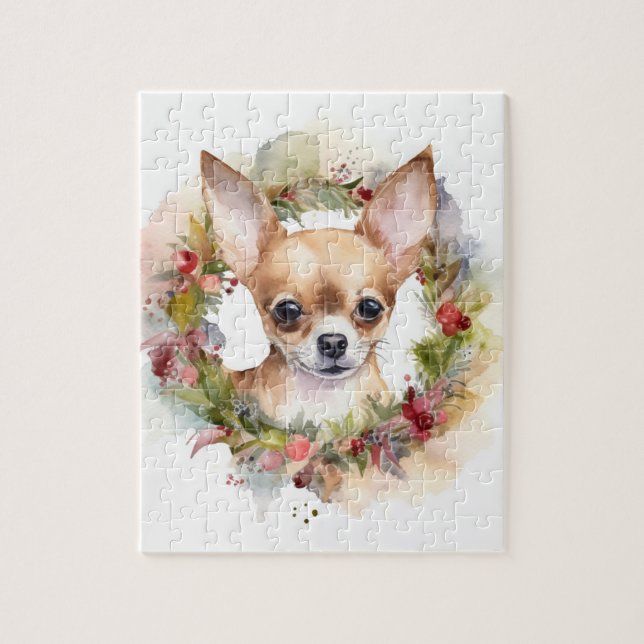 Puzzle Chihuahua Fête de la couronne de Noël Coupe (Vertical)