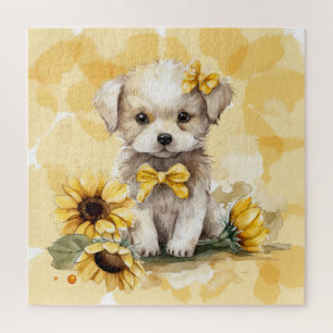 Puzzle Chiot Blanc Mignon Tournesol Jaune Aquarelle
