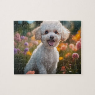 Puzzle Chiot de jouets blanc dans le champ de fleurs