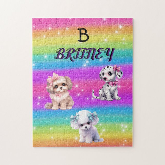 Puzzle Chiots arc-en-ciel pour filles avec nom personnali (Vertical)