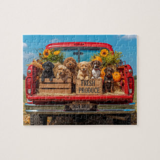Puzzle Chiots Camion Rouge Tournesols Récolte D'automne
