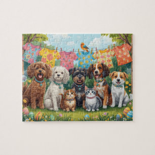 Puzzle Chiots et chatons heureux dans un jardin printanie