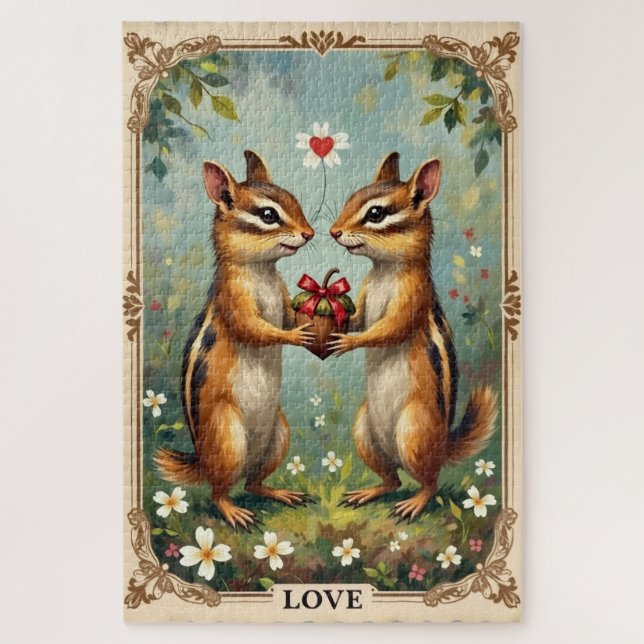 Puzzle Chipmunks Exchanging Heart-Shaped Acorn (Vertical)