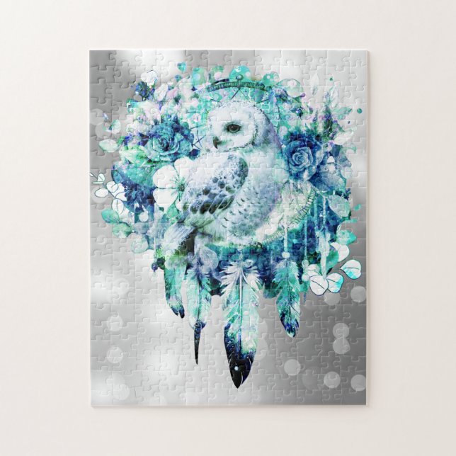 Puzzle Chouette à neige Dreamcatcher Vert et bleu Turquoi (Vertical)