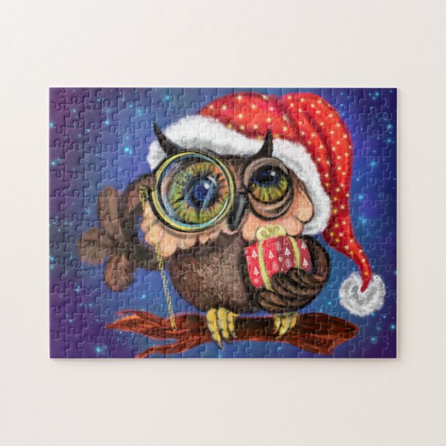 Puzzle Chouette Bébé en Noël Casquette et cadeau - Amusan (Horizontal)