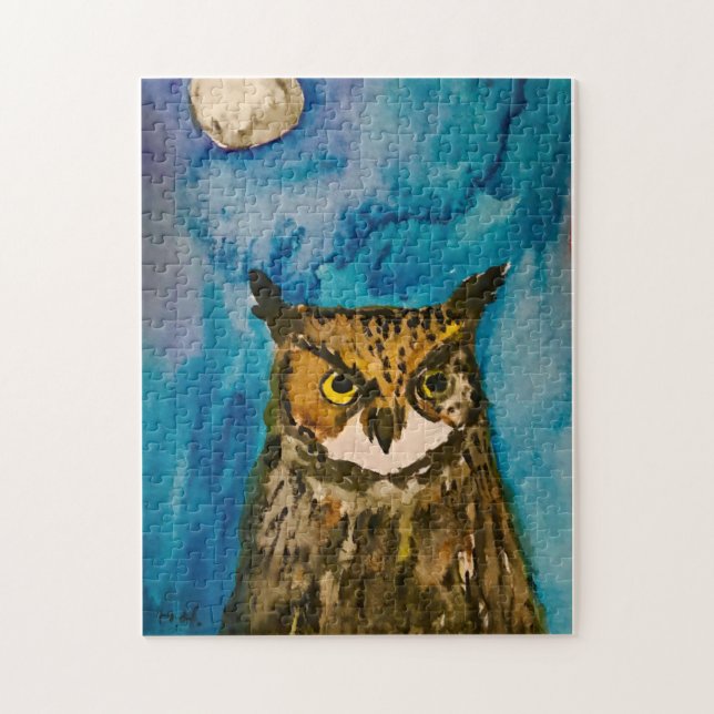 Puzzle Chouette Cute Oiseau Animal Lune Aquarelle Forêt (Vertical)