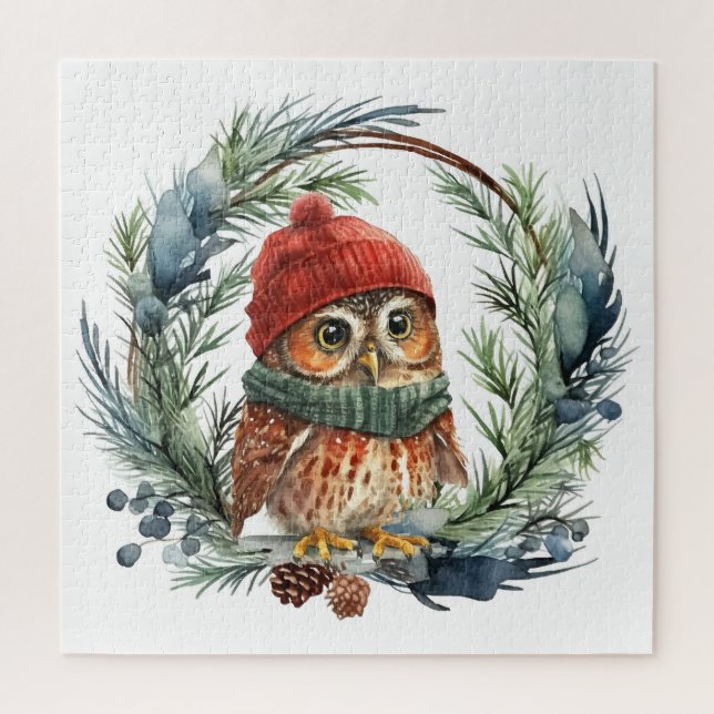 Puzzle Chouette d'aquarelle mignonne Oiseau de Noël (Vertical)