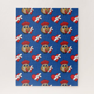 Puzzle Chouette mignonne avec béret rouge et boîte cardia