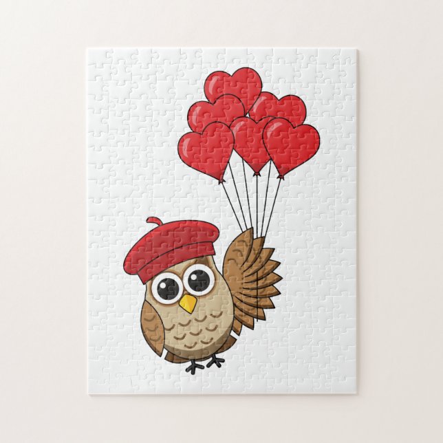 Puzzle Chouette mignonne volant avec des ballons de coeur (Vertical)