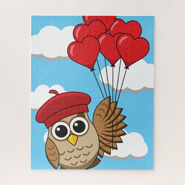 Puzzle Chouette mignonne volant avec des ballons de coeur (Vertical)