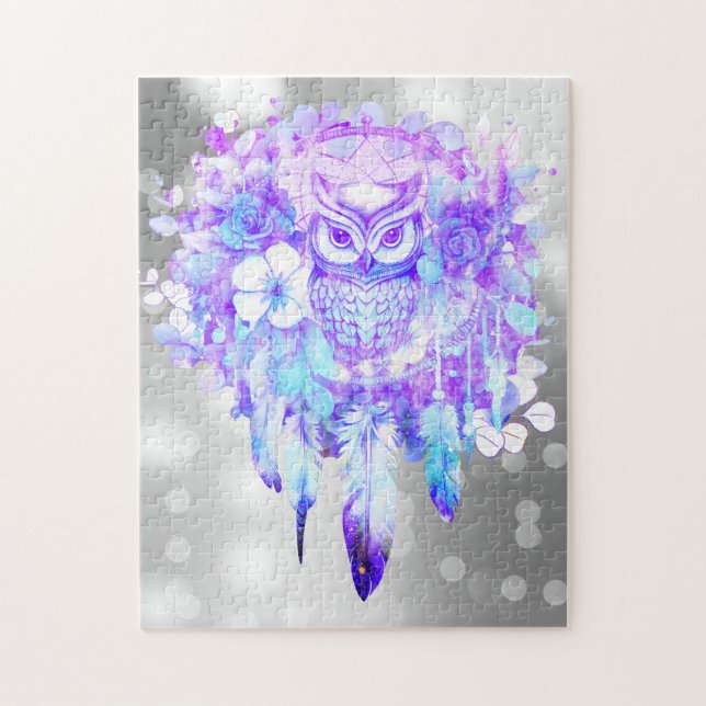 Puzzle Chouette Totem Dreamcatcher Plumes florales Gris p (Vertical)