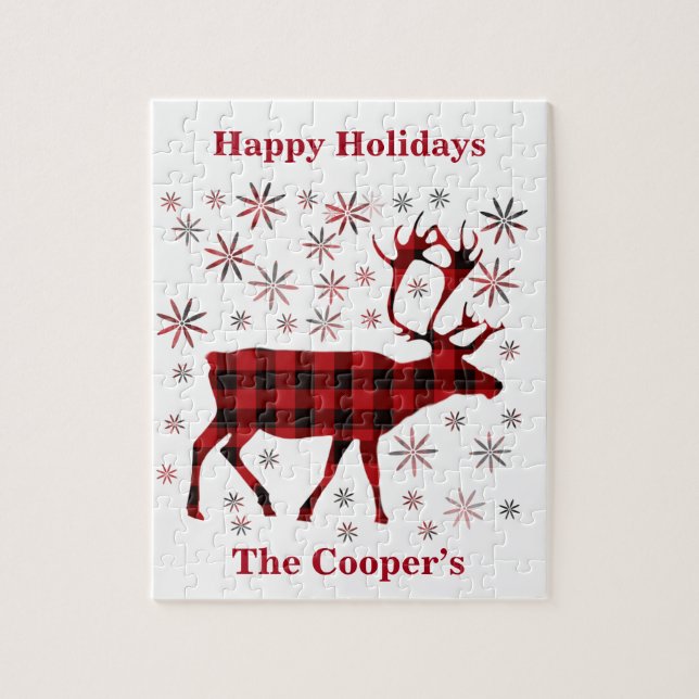 Puzzle Christmas Moose, Deer, elk, caribou, red plaids (Vertical)