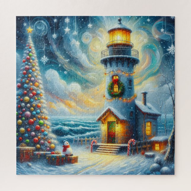 Puzzle Christmas Tree Lighthouse Nautical Coastal Blue (Vertical)