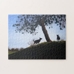 Puzzle ciel bleu sur le paysage du parc avec deux chiens