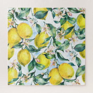 Puzzle citrons d'aquarelle, branche d'agrumes frais.