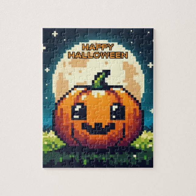 Puzzle citrouille Halloween 8 bits sous la lune (Vertical)