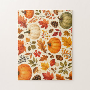 Puzzle Citrouilles aquarelles d'automne, feuilles d'autom
