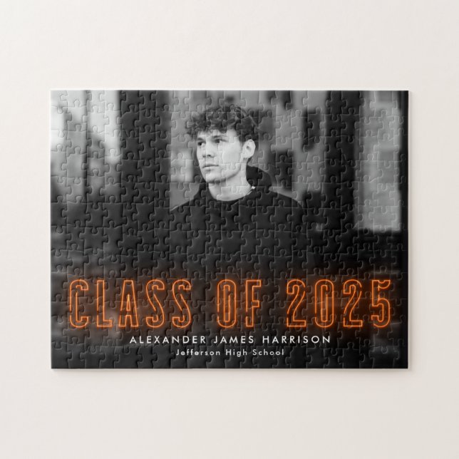 Puzzle Classe Orange Neon moderne de 2025 Graduation Phot (Horizontal)