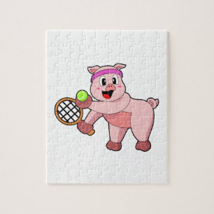 Puzzle Cochon au tennis avec raquette de tennis