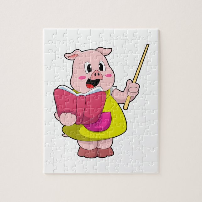 Puzzle Cochon comme enseignant avec livre (Vertical)