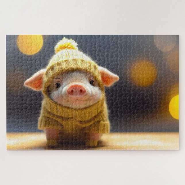 Puzzle cochon mignon en costume tricoté en hiver (Horizontal)