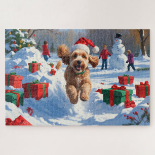 Puzzle Cockapoo courant dans la neige avec un chapeau de 