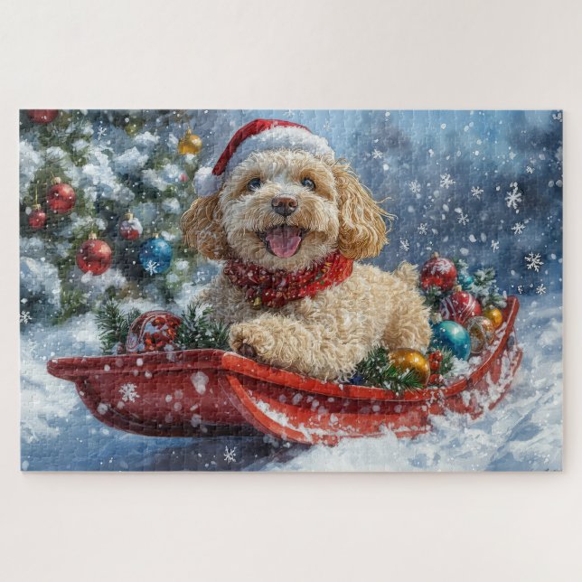 Puzzle Cockapoo Dog in Sledge Let it Neige Christmas (Horizontal)