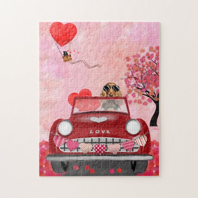 Puzzle Cocker Spaniel voiture avec les coeurs Valentine's (Vertical)