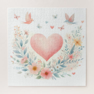 Puzzle Cœur d'aquarelle douce Fleurs d'amour Oiseaux