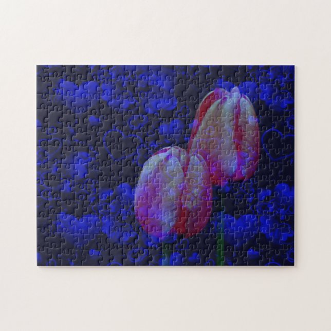 Puzzle Coeurs Bleus Électriques Et Tulipes Roses Art Flor (Horizontal)