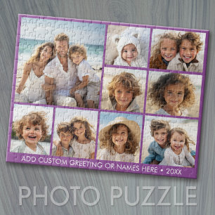 Puzzle Collage carré de 9 photos - violet avec texte blan