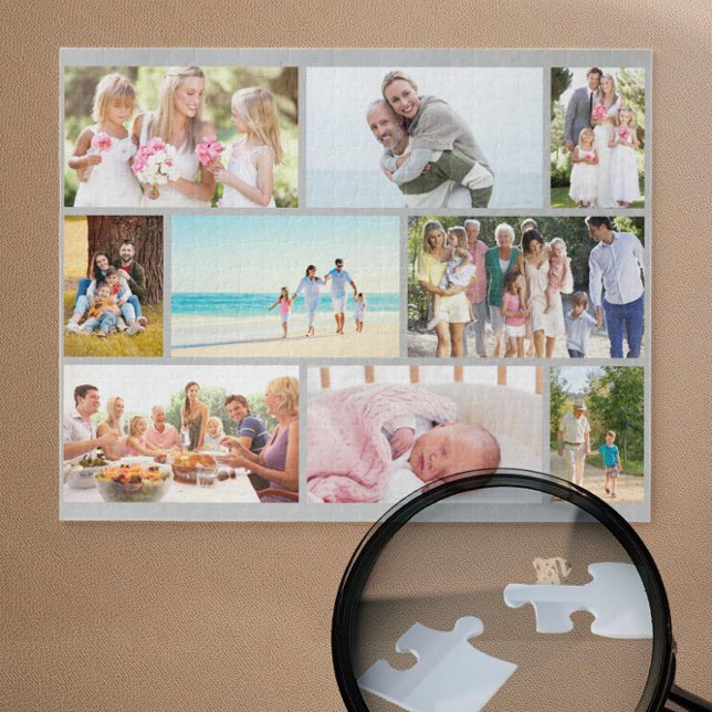 Puzzle Collage de photos de famille Gris Grille de maçonn (Grey jigsaw puzzle with 9 pictures in masonry grid photo collage by Darling & May)