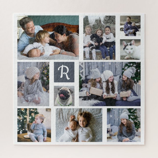 Puzzle Collage de photos de famille Monogrammed White 10  (Vertical)