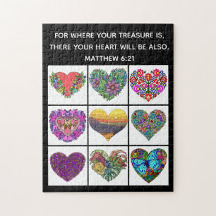 Puzzle Collage des coeurs, avec la vers de Matthew 6:21