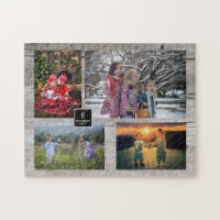 Collage familial 4 photos sur monogramme de bois r