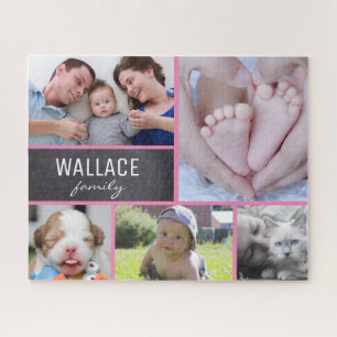 Puzzle Collage rose photos avec nom de famille 5 images