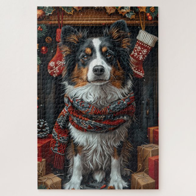 Puzzle Colley à poil long avec des cadeaux de Noël chemin (Vertical)