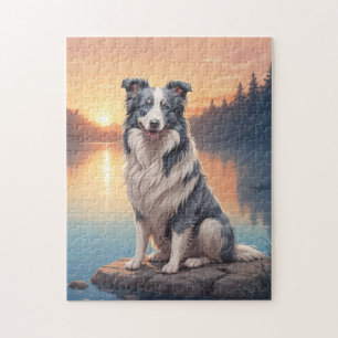 Puzzle Collie à la robe blanche et bleue